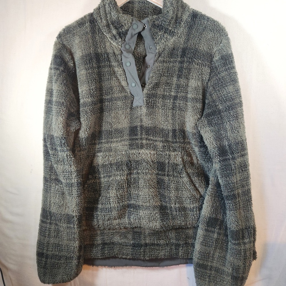 Eddie Bauer Grey Plaid Sherpa Fleece Snap Pullover Kangaroo Pocket Mens Large